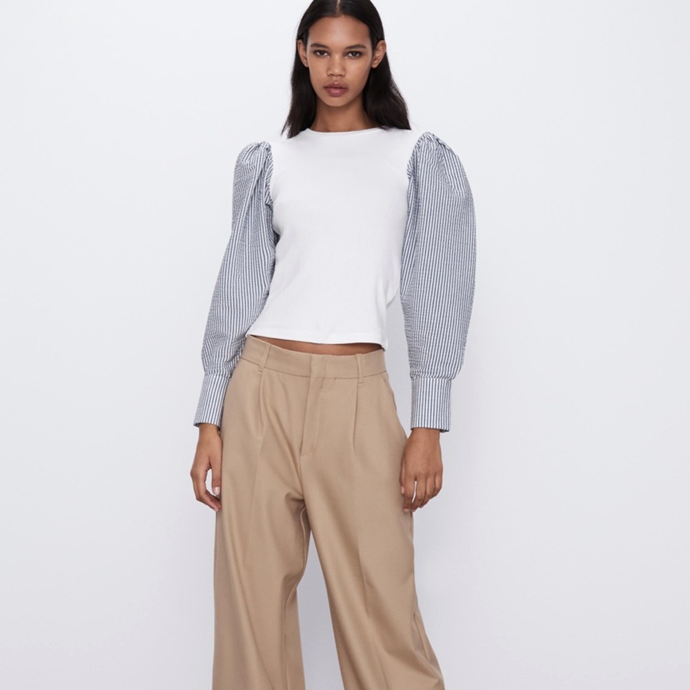Zara White Top with Blue Pinstripe Puff Sleeves